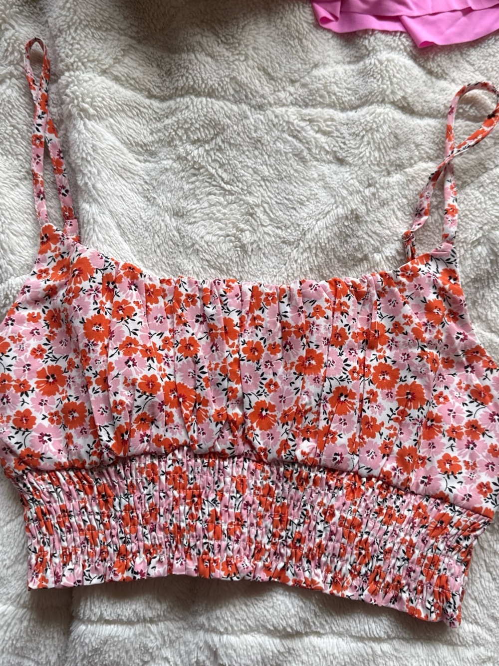 Floral Pink & Orange Smocked Crop Top